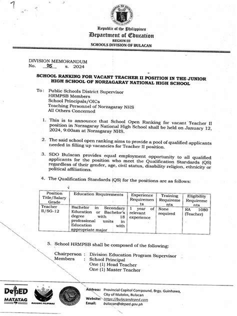 Division Memo No. 001, s. 2024 – Division Ranking for Various .